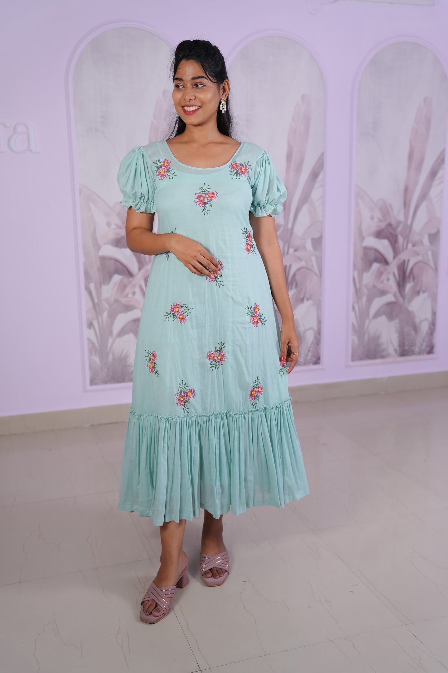 Aqua Bloom Ruffle Dress