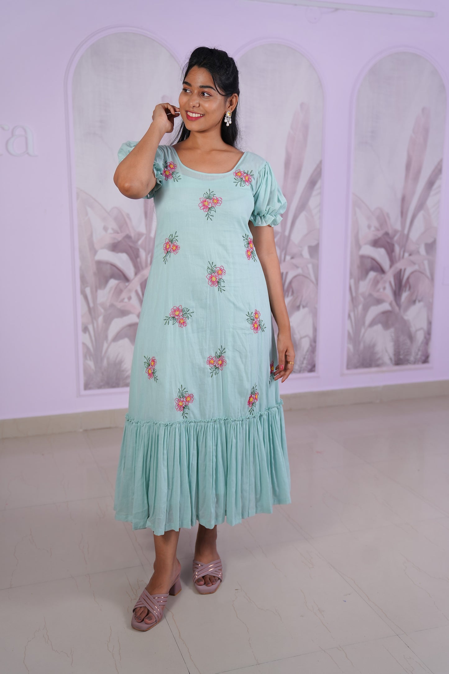 Aqua Bloom Ruffle Dress
